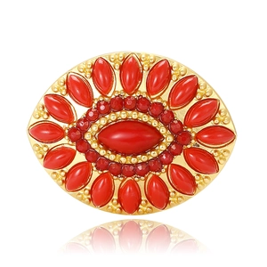 Exquisite gold-plated Turkish brooch featuring vintage red rhinestones in flower pattern