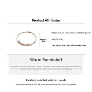 Detail of rose gold multi-layer pearl bracelet with rhinestones showing product dimensions