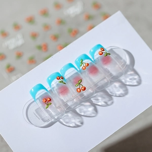 3D French cherry nail stickers with transparent matte base and light blue edges