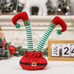 Christmas elf legs decor with red sequin base and green-white striped bendable legs