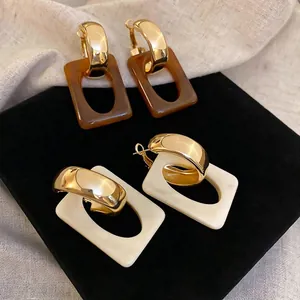 Geometric Dangle Earrings Alloy Resin Rectangular Hollow Retro Style Women With 925 Sterling Silver Earring Post