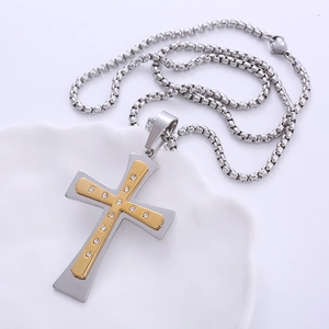 Two-tone stainless steel cross necklace with CNC crystal inlay and box chain