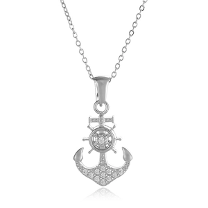 Collana con ciondolo ancora e timone in acciaio inossidabile argento e zirconi