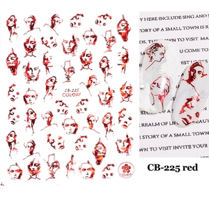 Macro detail of CB-225 red nail stickers with abstract female face art designs