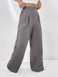 Pantaloni grigio scuro da donna a gamba larga con vita alta elastica e dettagli a pieghe