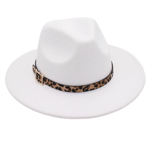 Close-up of white wool fedora hat with leopard print band and gold buckle detail