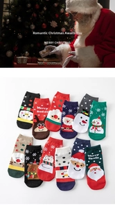 Detail of Christmas cotton socks featuring Santa, reindeer, and snowman knit patterns