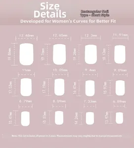Detailed size chart for short square fake nails showing dimensions of all 24 pieces