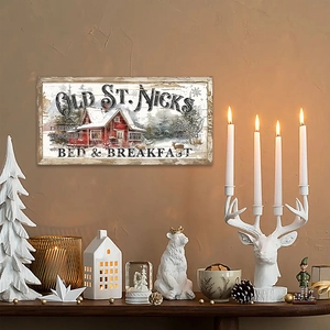 Vintage Christmas Old St. Nicks wooden door sign hanging on a wall with festive decor