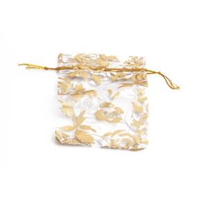 Witte organza geschenkzakje met gouden bloemenpatroon voor sieraden en cadeaus