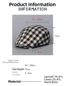 Guide des tailles pour béret à carreaux avec circonférence 54-58cm et détails matières