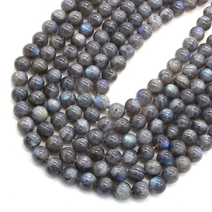 Polished natural labradorite round beads with blue and green iridescence on white background
