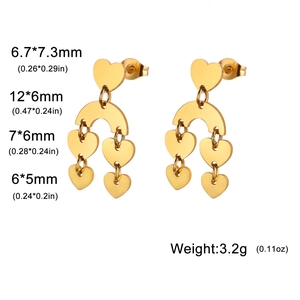 Gold layered heart drop earrings with detailed measurements on a clean white background