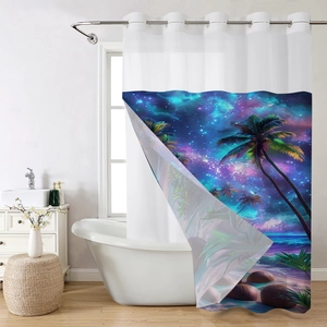 Detail of tropical beach and starry nebula printed waterproof fabric shower curtain
