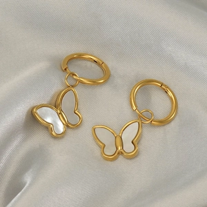 Butterfly Drop Hoop Earrings 18K Gold Plated Stainless Steel Mother Of Artificial Pearl Shell Inlay Elegant Jewelry For Women