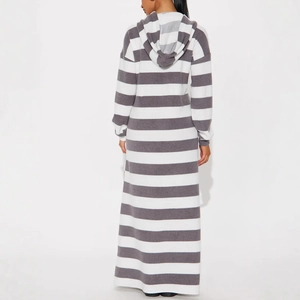 Rear view of long hooded striped dress with drawstring and comfortable knit texture