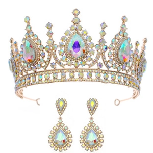 Detail von Luxus Braut Krone und Ohrringen Set mit Aurora Borealis Kristallen in Goldoptik
