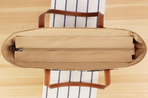 Detail of hand-woven straw tote bag with brown leather handles and top zipper closure