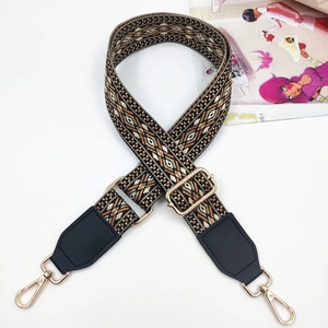 Ethnic wide bag strap with brown geometric patterns and gold-tone metal clips