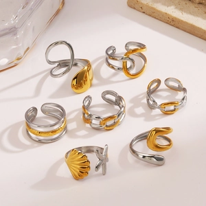 Stainless Steel Two-Tone Adjustable Rings Geometric Minimalist Ocean Style Shell Starfish Chain Jewelry For Women