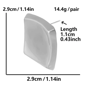 Detail view of silver square earrings with measurements and weight specifications