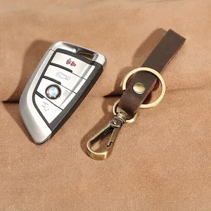 Vintage dark brown crazy horse leather keychain with brass metal ring and hook
