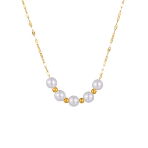 Elegant Stainless Steel Necklace With White Artificial Pearls And Gold Beads Minimalist Pendant Jewelry For Women