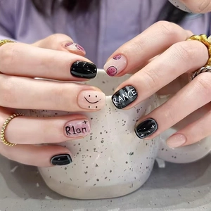 Press On Nails Short Square Pink Black Smiley Face Graffiti Sweet Cool Style Glossy Artificial Finger Nails