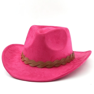 Chapeau de cowboy western en feutre rose avec bande en similicuir tressé marron sur blanc