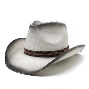 Ethnic western straw cowboy hat with gradient spray paint and woven band for sun protection