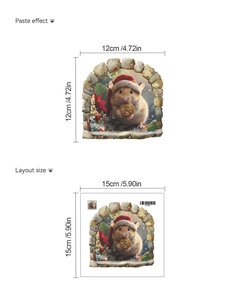 Sticker mural souris de Noël 3D montrant l'effet de pose et les dimensions réelles