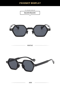 Front and side views of vintage hexagonal sunglasses with black frames and lenses