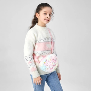 Detail of plush unicorn crossbody bag with rainbow gradient faux fur and pink strap