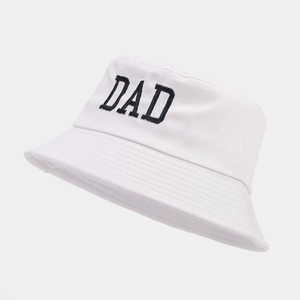 Detail of black DAD embroidery on high-quality white cotton bucket hat with fine stitching