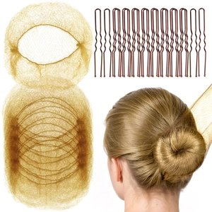 Nylon hair net set with gold mesh and 16 brown U-shaped metal hairpins for hair styling