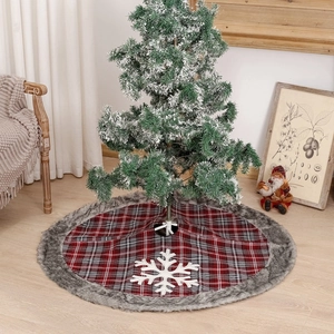 Christmas Tree Skirt Red Grey Plaid Fabric With Faux Fur Trim White Snowflake Applique Round Floor Mat Holiday Decor