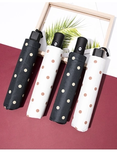 Detail of folded polka dot umbrellas in black and beige with matte handles on a stylish background