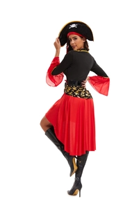 Detail view of women pirate costume with red mesh sleeves and skull hat on white background