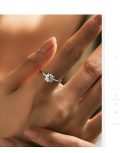 Close-up of a silver solitaire moissanite ring on finger showing sparkling diamond detail