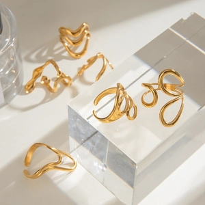 Irregular liquid style gold plated stainless steel adjustable rings for women set