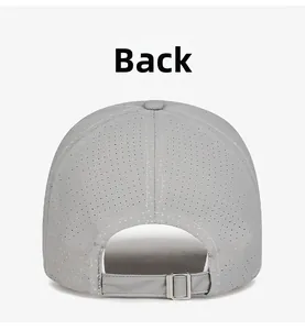 Detail view of grey quick-dry mesh cap showing breathable holes and adjustable metal buckle