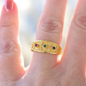 Elegant gold ring with colorful zircon gemstones and vintage bohemian textured design