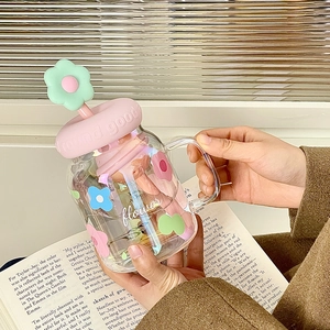 High-capacity floral glass cup with straw and pink silicone lid for office and home