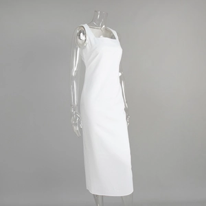 Detail of white square neck sleeveless maxi dress displayed on a clear mannequin