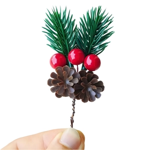 Christmas pine needle pick with red berries and pinecones for DIY gift box decor