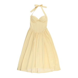 Detail of light yellow halter dress featuring bow decoration and corset waist design