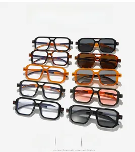 Flat lay of vintage square double bridge sunglasses in multiple frame colors and finishes