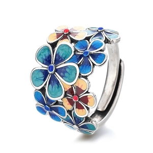 Anillo ajustable de plata con diseño floral de esmalte azul de estilo étnico vintage