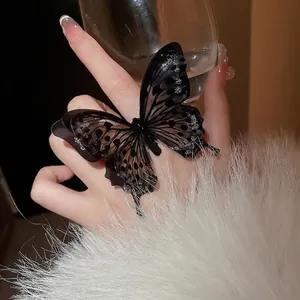 Chic acrylic butterfly open ring with black polka dots and silver glitter for women