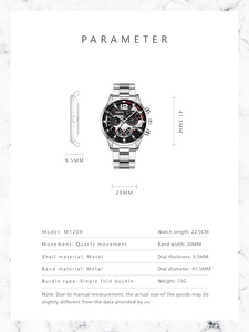 Detailed size chart of men's silver quartz watch with case and strap dimensions